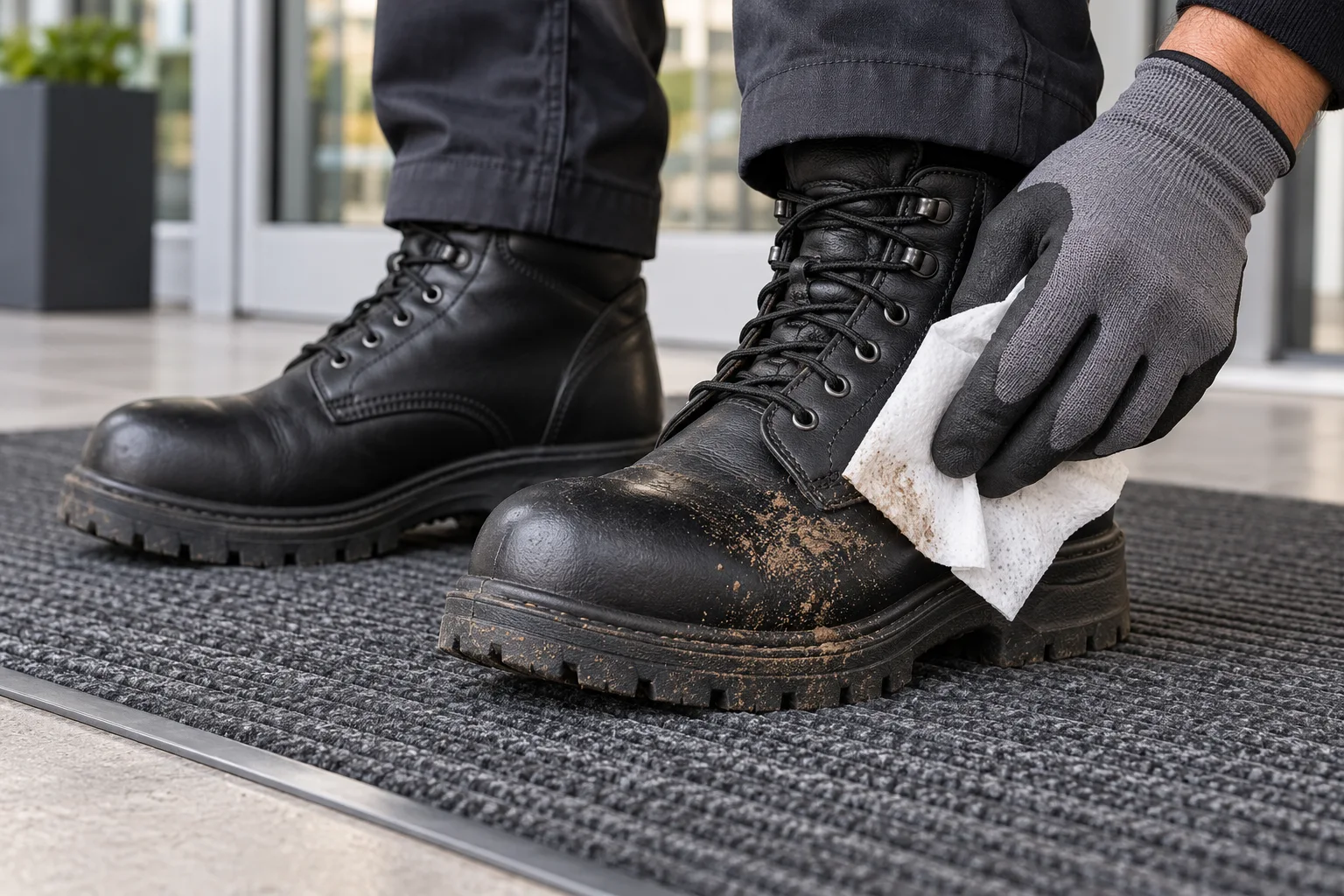 Le nettoyage de surface de bottes de travail avec une lingette