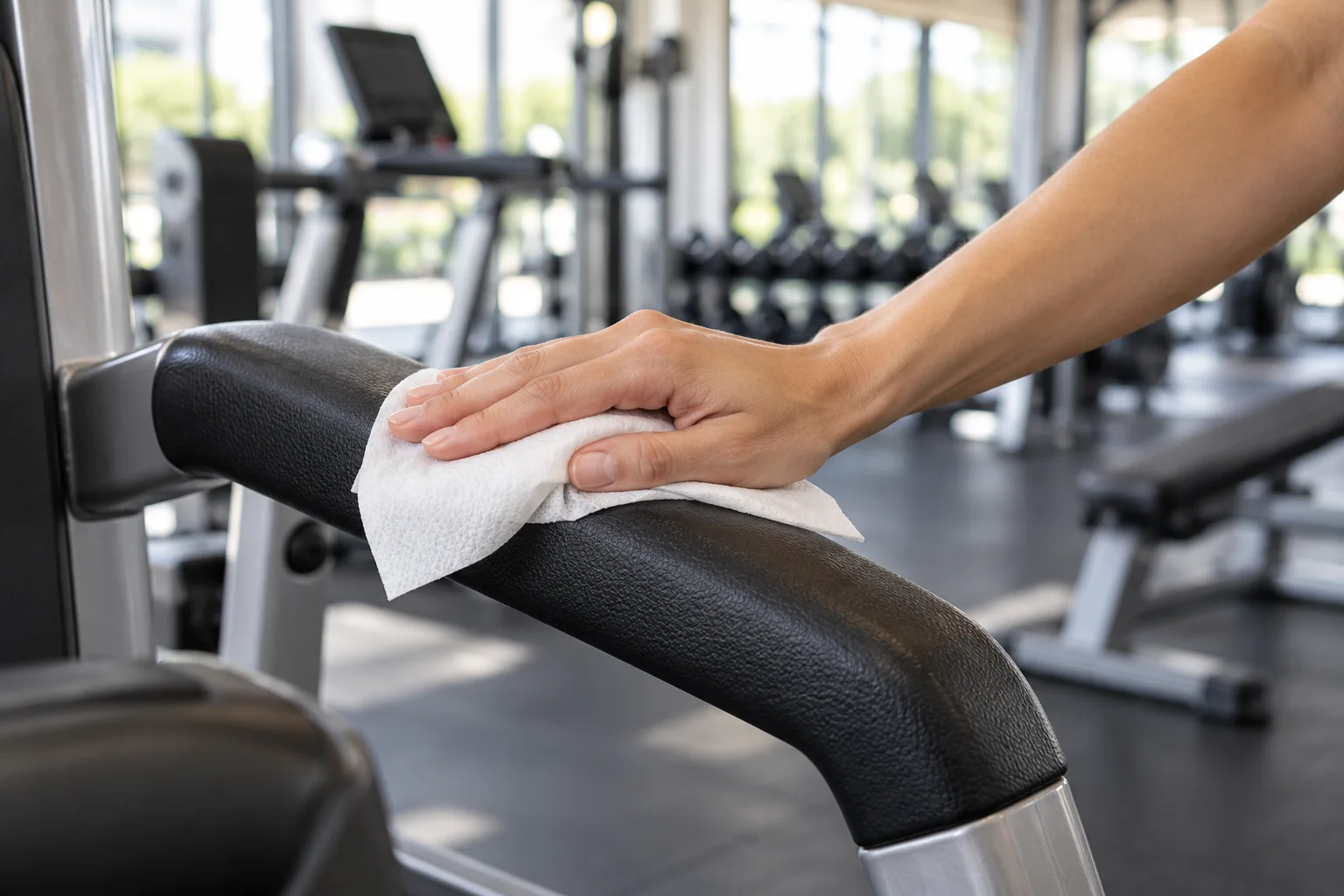 A wipe in use on shared fitness equipment